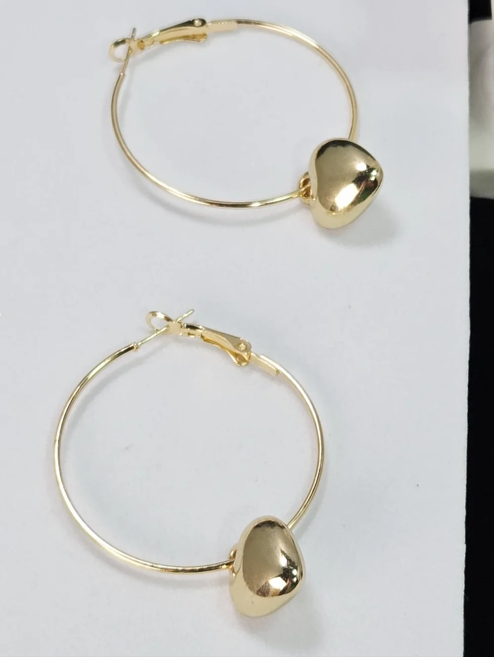 Gold Hoop Earrings Heart Charm 40mm Thin Hoops Leverback 18K Stainless Steel